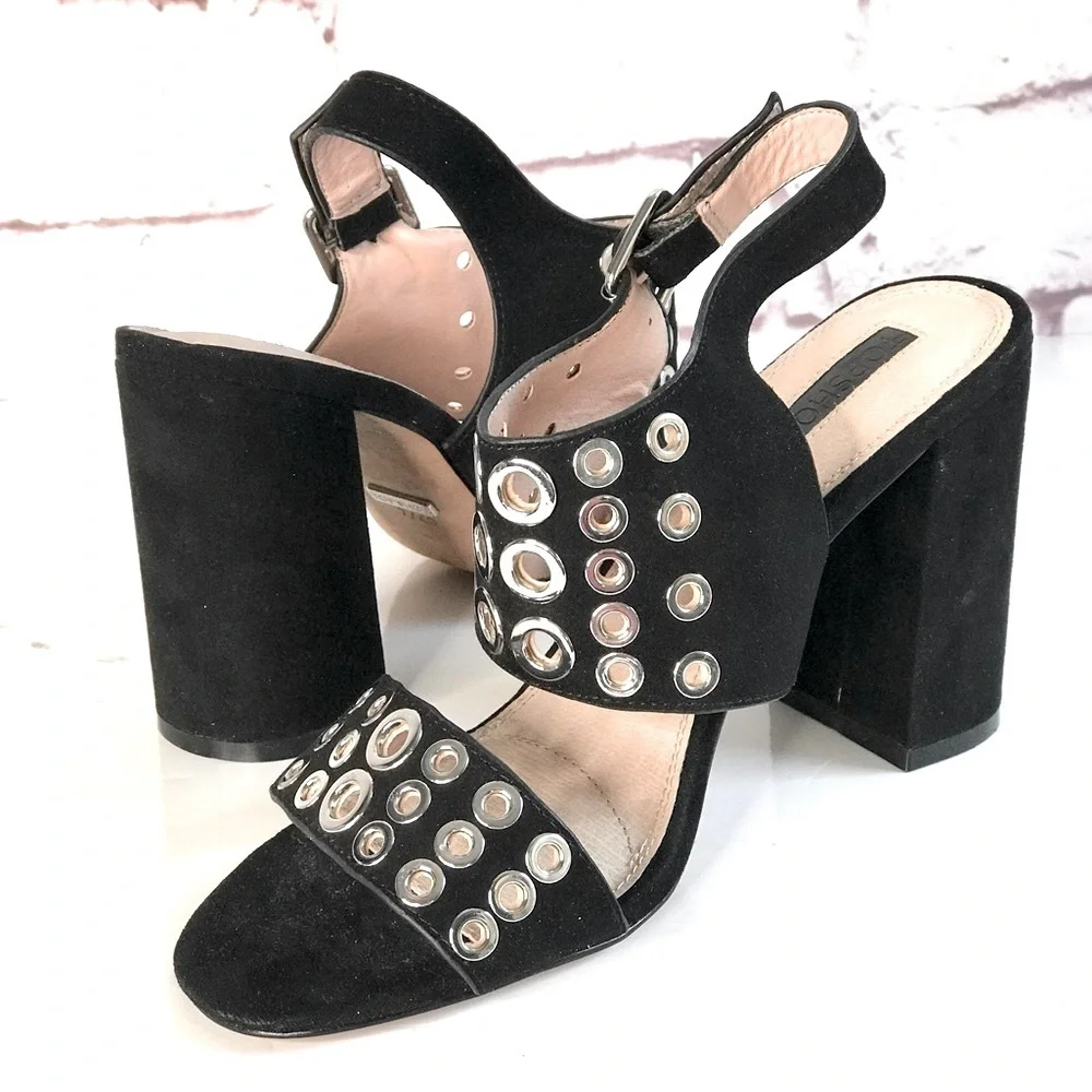 TOPSHOP Black Suede Silver Grommet Block Heel Ankle Strap Slingback Heel NWT 9.5 - Picture 3 of 16